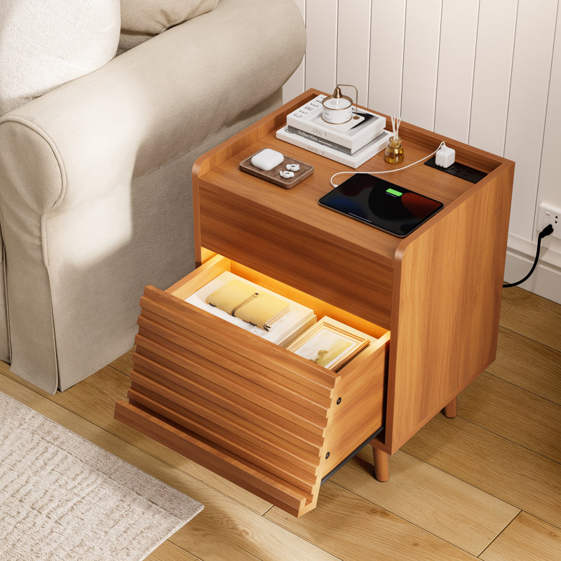 Allysyn 19.69'' W 2-Drawer Nightstand with LED Lights and Power Outlets, Individual, Caramel