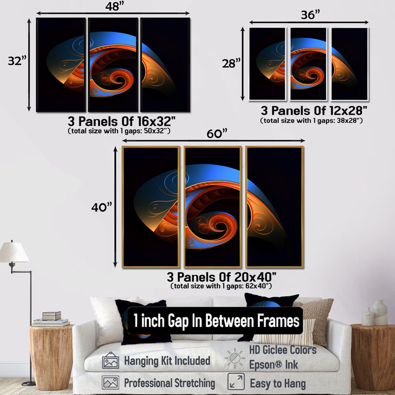 Délicat spirale subtile bleu orange - ensemble d'art mural géométrique, Cadre flottant doré, H 28 po x l 36 po x P 1 po
