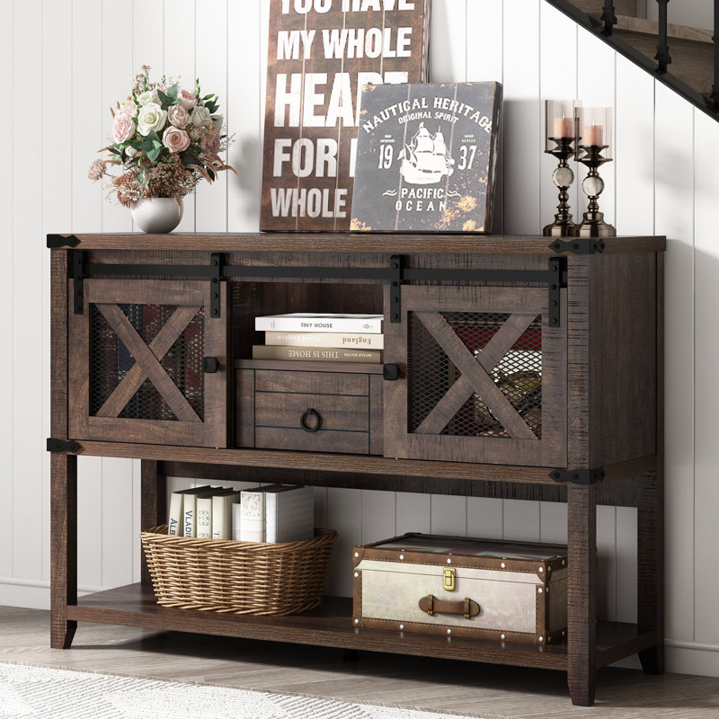 46'' Entryway Cabinet With 2 Sliding Barn Doors & Drawer Console Table Wood Sideboard Buffet For Living Room Hallway, Brown