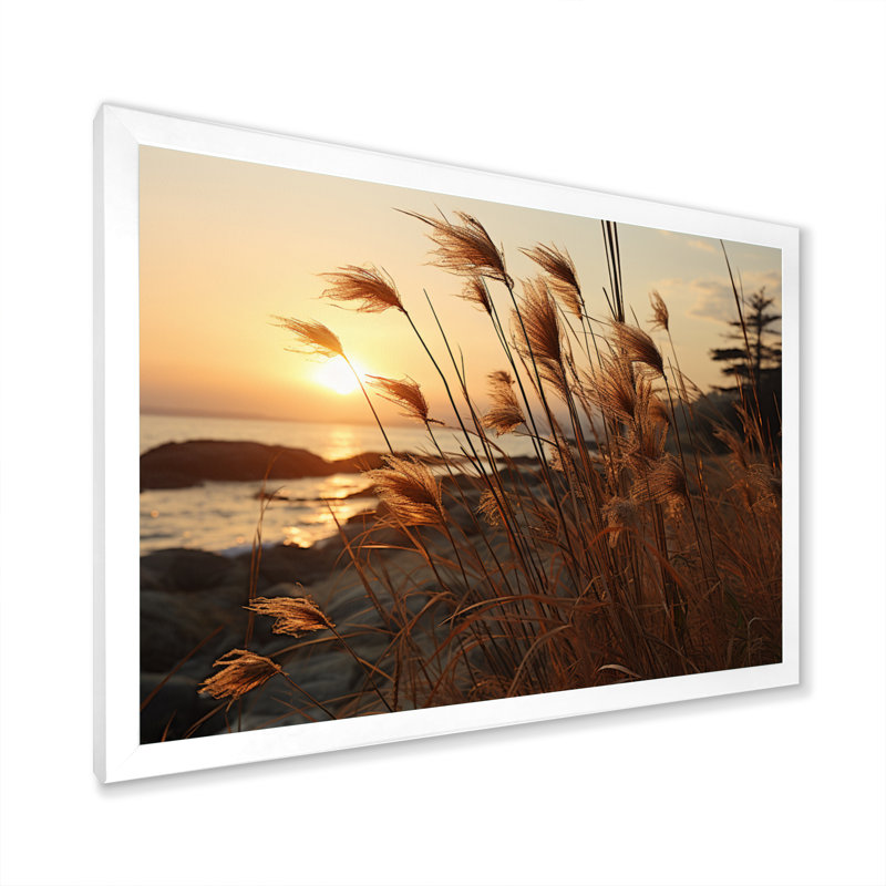 «Beach Breeze At Sunset II» - art mural de plage côtière pour le salon, H 12 po x l 20 po x P 1 po, Cadre photo blanc
