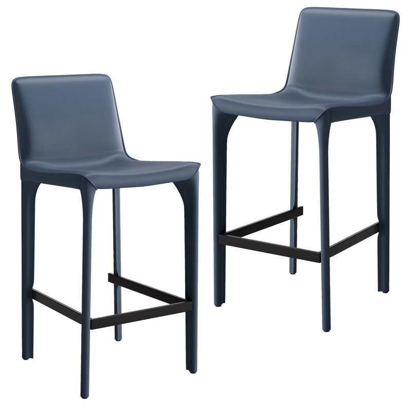 Full Assembled 26"H Counter Stool, Saddle Leather Upholstered Bar Stool With Padded Seat, Counter Height Barstool With Metal Frame Footrest For Kitchen Island Bar Counter, Blue