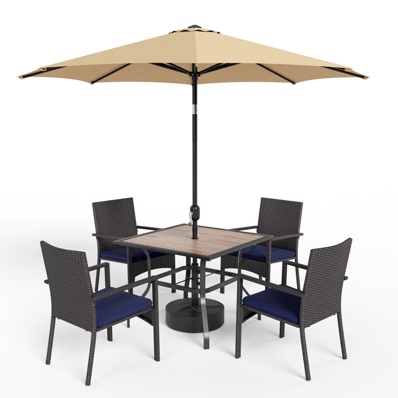 6 Pcs Patio Dining Set 4 Rattan Armchairs And Square Table With Umbrella, Beige