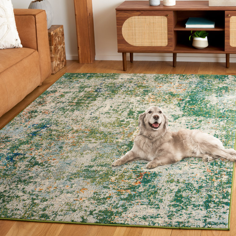 Green and Blue Abstract Stain-Resistant Wool Rug, 3' x 5'