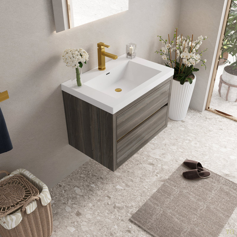 Meuble-lavabo mural de 30 po avec lavabo, armoire de rangement flottante avec comptoir en résine de pierre et tiroirs à fermeture en douceur entièrement assemblés