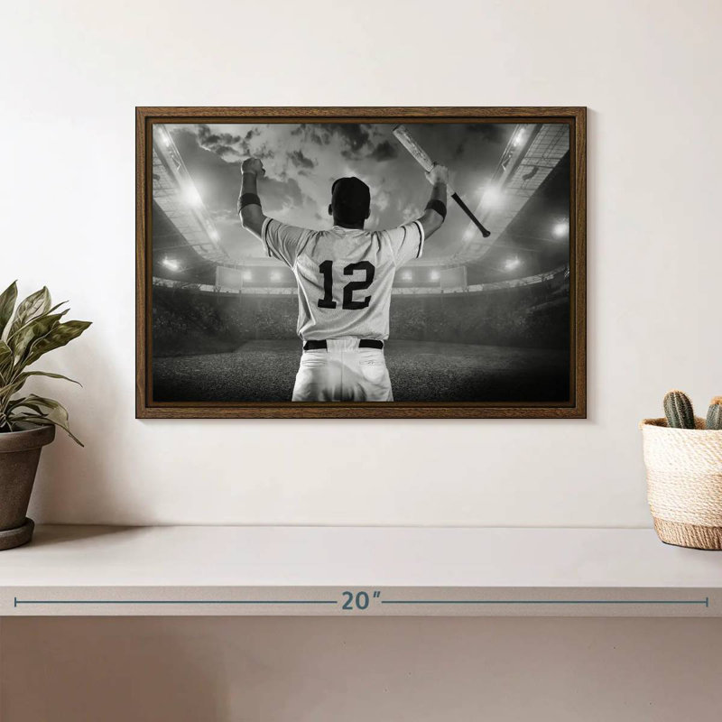 Joueur de baseball, 13 po x 9 po, Cadre flottant noyer