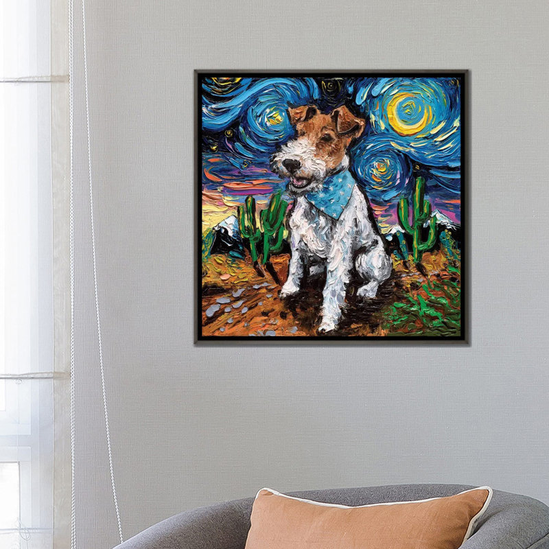 "Fox terrier Night" par AJA, reproduction d’art, Pas de tapis, H 26 po x l 26 po x P 1,5 po, Cadre en bois rustique foncé