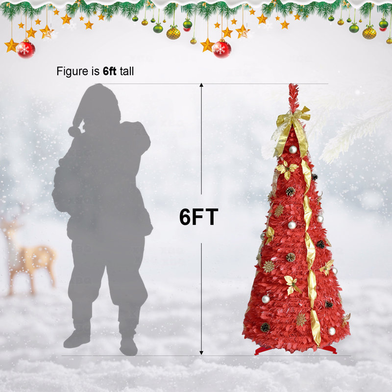 Arbre de Noël rouge 6 lumières avec 150 lumières DEL blanc chaud et ornements inclus (4 rubans, arc, fleurs, flocons de neige, pommes de pin et boules)