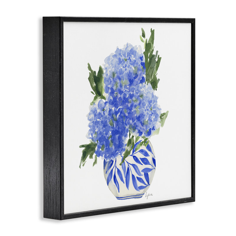 Hortensias bleus dans un vase à feuilles, estampe numérique, conception de Lucille Price, H 17 po x l 17 po