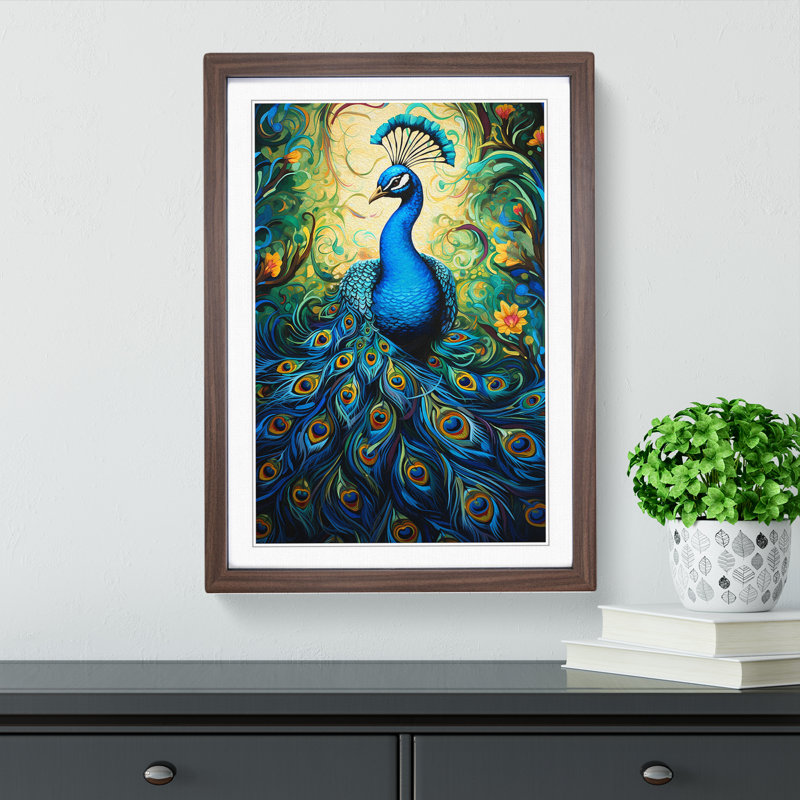 Peacock Action No.2 - Single Picture Frame Print on Wood, Walnut Framed, 34cm H x 25cm W x 2" D