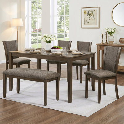 6-Piece Dining Table Set with Bench and Chairs, Wooden dining table set for 6 people, Farmhouse Rustic Style 6 Person Dining Table Set for Dining Room