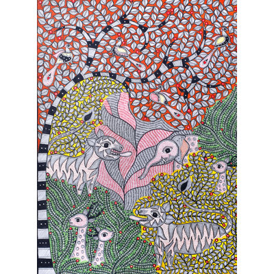 Arbre de vie et animaux sauvages dans la jungle | Madhubani, peinture sur papier faite à la main