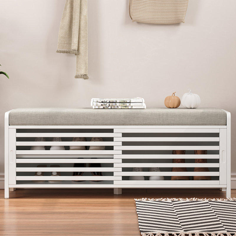 Distressed Shutter Storage Bench with Acacia Veneer, White