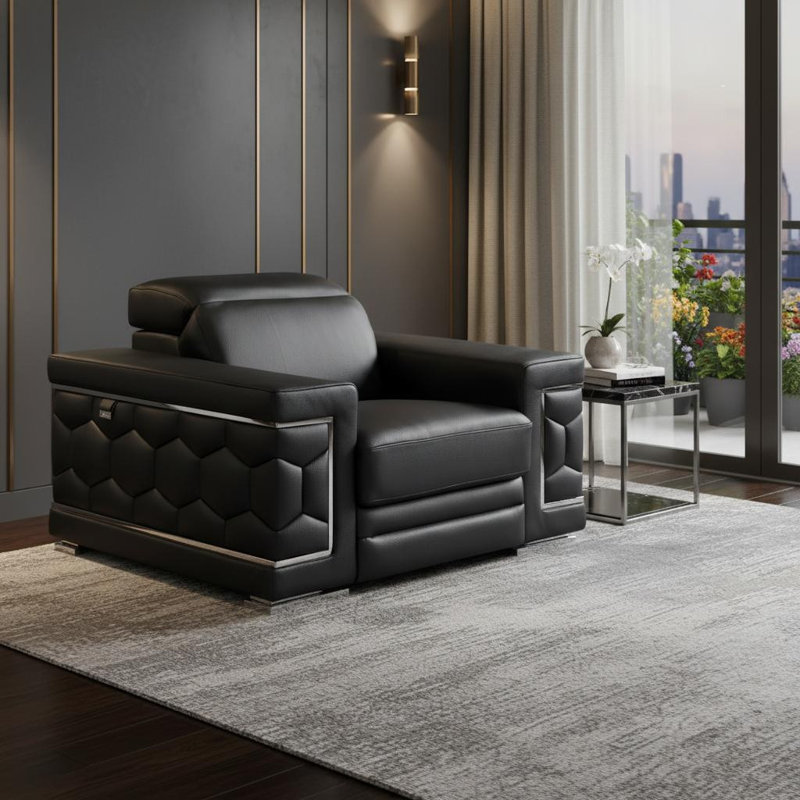  Fauteuil noir en cuir véritable avec accents argentés, Black