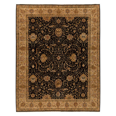 Tapis doré / noir en laine noué à la main de conception unique 12 pi 3 po x 15 pi 4 po