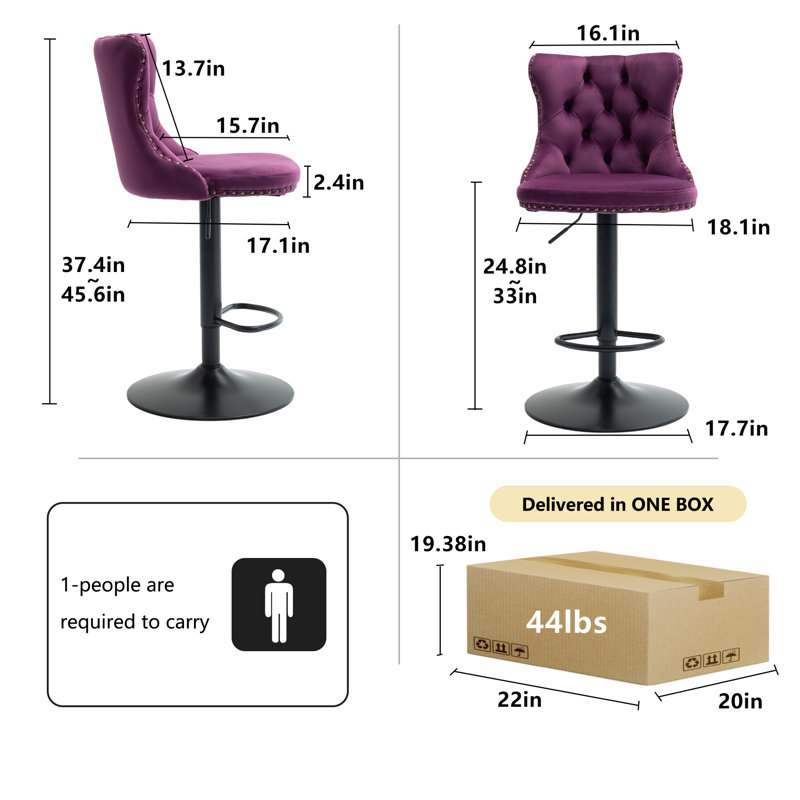 Ensemble de 4 tabourets de bar modernes en velours pivotant à hauteur ajustable, Mauve