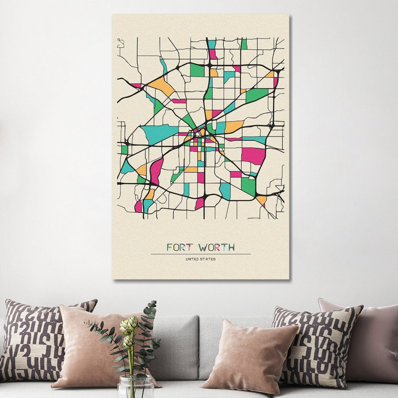 Fort Worth, Texas Map by Ayse Deniz Akerman - Wrapped Canvas Gallery-Wrapped Canvas Giclée, 152.5 cm H x 101.5 cm W