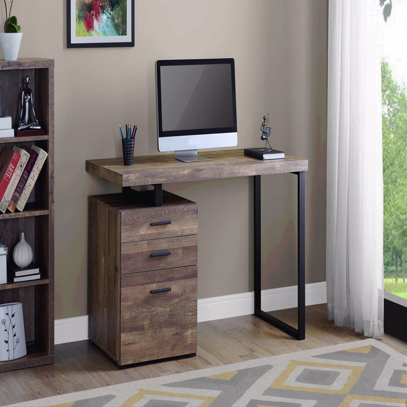 Bureau d'ordinateur, bureau personnel, ordinateur portable, installation à gauche, à droite, tiroirs de rangement, L 48 po, bureau, stratifié brun, métal noir, contemporain, moderne
