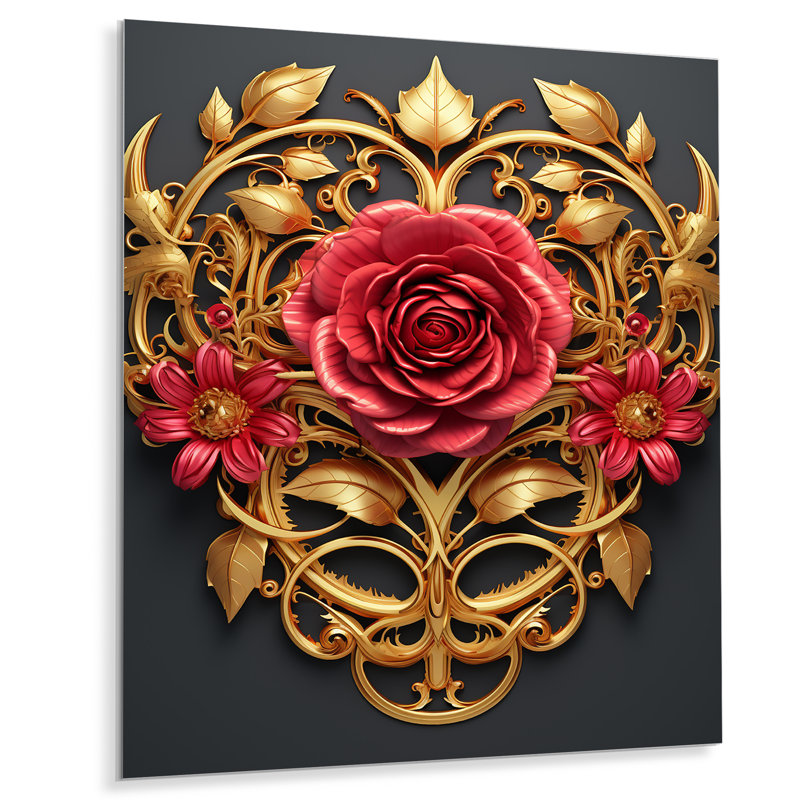 Rose rouge ornementale or - impression d'art mural rose, H 20 po x l 12 po x P 1 po, Métal métal
