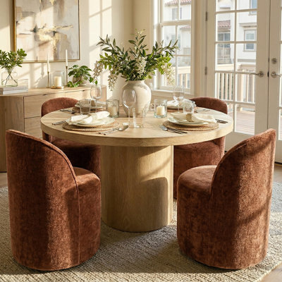 4 - Person Dining Table Sets With Solid Wood Round Table & 4 Upholstered Chenille Chairs