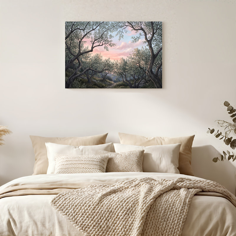 «Olive Trees» encadrant une toile rose, 20"H x 30"W
