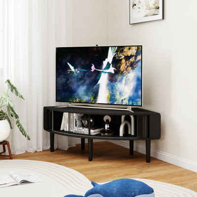 Curved Corner Tv Stand, Mid-century Modern Television Console With Storage, Corner Media Stand For Living Room, Bedroom, Space-saving