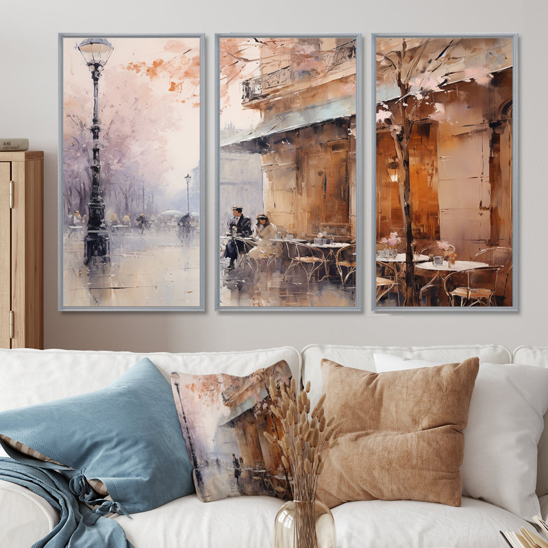 «Peach Impressionist Cafe In Paris - City Paris», ensemble d'art mural, H 28 po x l 36 po x P 1 po, Encadrement argenté