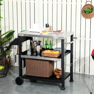 Chariot de préparation des aliments pour l'extérieur à 3 tablettes, surface en acier inoxydable, 32 po x 20,5 po, avec support à ordures, table mobile noire, L 39,19 po x l 25,5 po, crochets