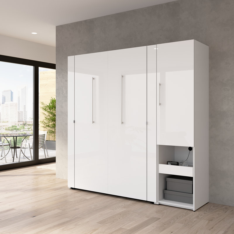 Maile High-Gloss Scratch-Resistant Murphy Bed and Storage Cabinet with Door and Pull-Out Shelf, Full