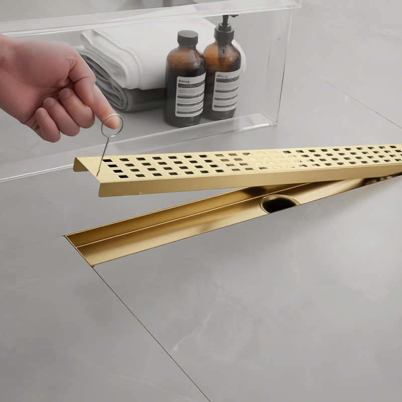 12 po Drain de douche linéaire en acier inoxydable avec couvercle de drain carré en nickel brossé, Or brossé