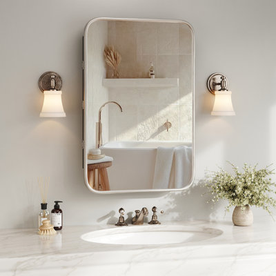 24"x35" Vintage Rectangle Medicine Cabinet with Mirror, Wall Mounted Bathroom Storage with Recessed/Surface Mount Options, Sliver Metal Frame