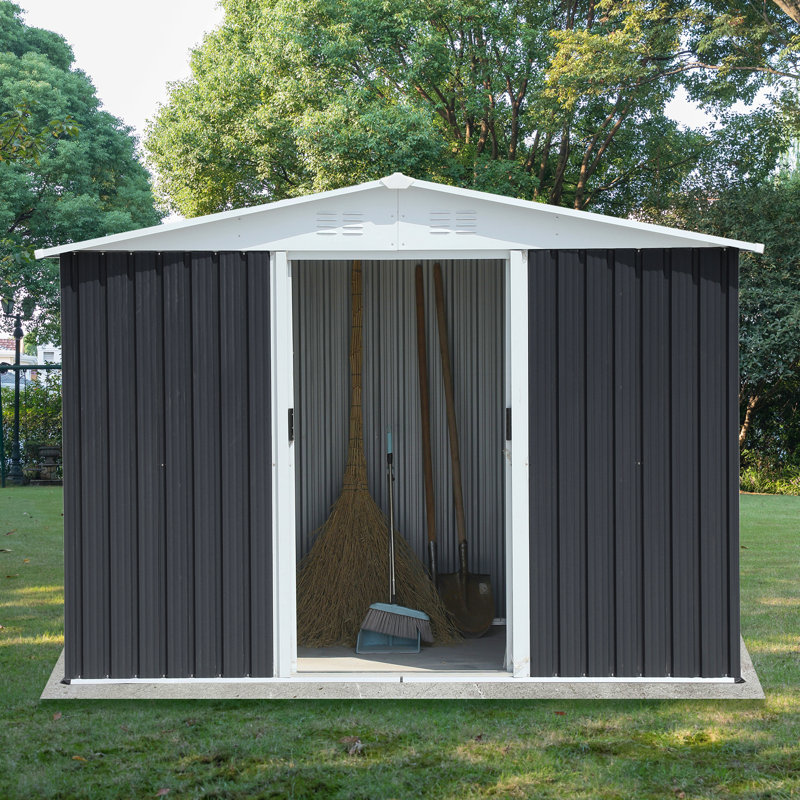 8X6 Feet Apex Roof Dark Grey Aluminum Alloy Frame  Garden Shed With Sliding Door, Black, 72.6" H x 99.6" W x 70.4" D
