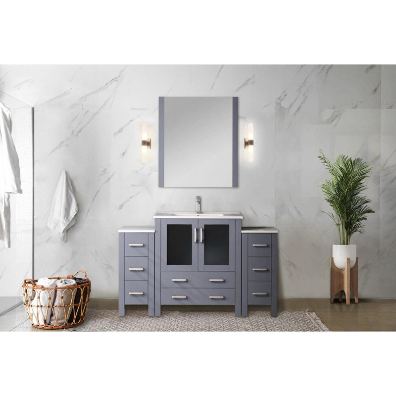 Meuble-lavabo simple gris foncé de 54 po Largeur, comptoir en céramique blanche, robinet, fermeture en douceur, et 8 tiroirs pour un grand espace de rangement intérieur gris avec plateau, robinet, tiroirs, surface de teinture