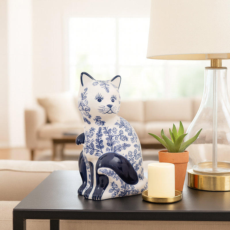 Figurine décorative de chat chinoiserie décorative pour la maison - objet en céramique animal moderne pour décorations, bureau, table ou statue de salon