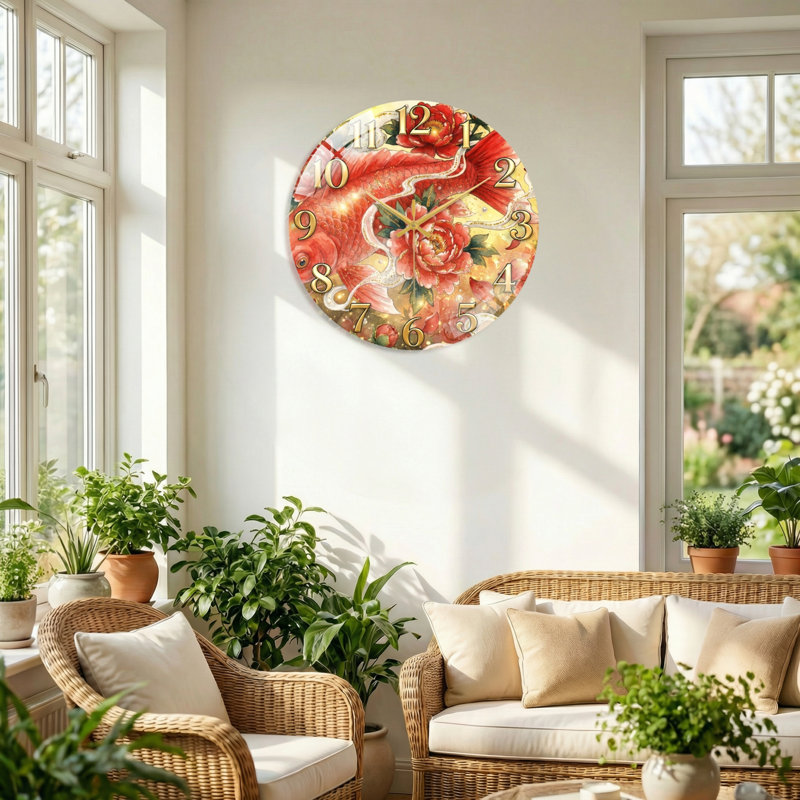 Horloge murale en verre Koi Fish, 60 x 60 cm (23,6 x 23,6 pouces)