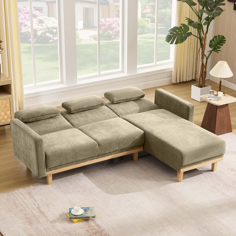86.6'' 3-Level Adjustable Chenille Reversible L-Shaped Sectional, Chenille kaki