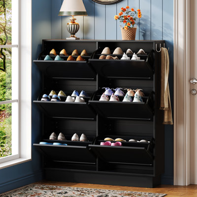 Space Saving Black Entryway Shoe Cabinet, 6 Flip Drawers, Adjustable Storage, 3 Hooks, Modern Elegant Cream Style Narrow Tipping Bucket Shelf, Style, For Organization