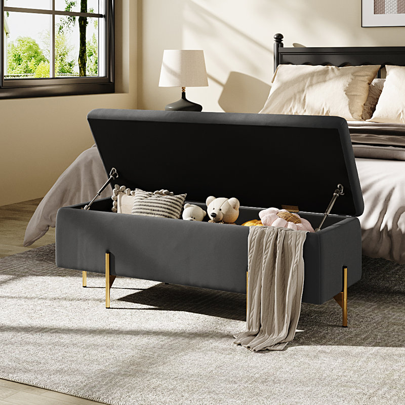 Velvet Upholstered Storage Bench, Grey