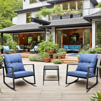 Bistro d'extérieur moderne - 3 pièces avec coussins bleus pour le jardin, la piscine et les meubles de jardin