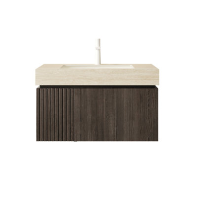 Meuble-lavabo de 30 pouces avec lavabo, armoire de rangement en contreplaqué flottant, comptoir en pierre frittée en travertin avec lavabo en céramique, finition grain de bois brun café riche