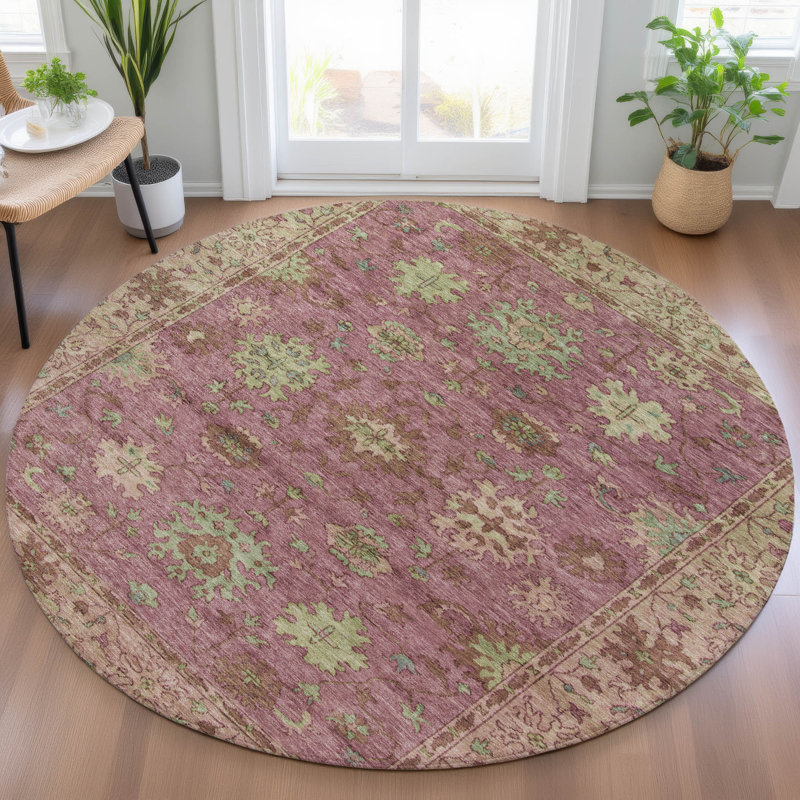 Tapis intérieur / extérieur rose lavable à la machine Xhevrie, Rond 8 pi