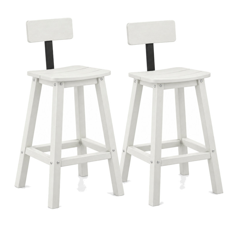 Ensemble de 2 tabourets de bar avec dossier, 74 cm (29 pouces), idéal pour îlot de cuisine ou bar, aspect bois texturé blanc, siège et repose-pieds incurvés, gain de place pour l'intérieur et l'extérieur.