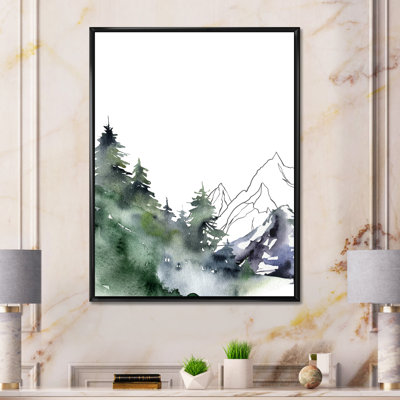 «Winter Dark Blue Mountain Landscape with Trees III», peinture sur toile à cadre flottant