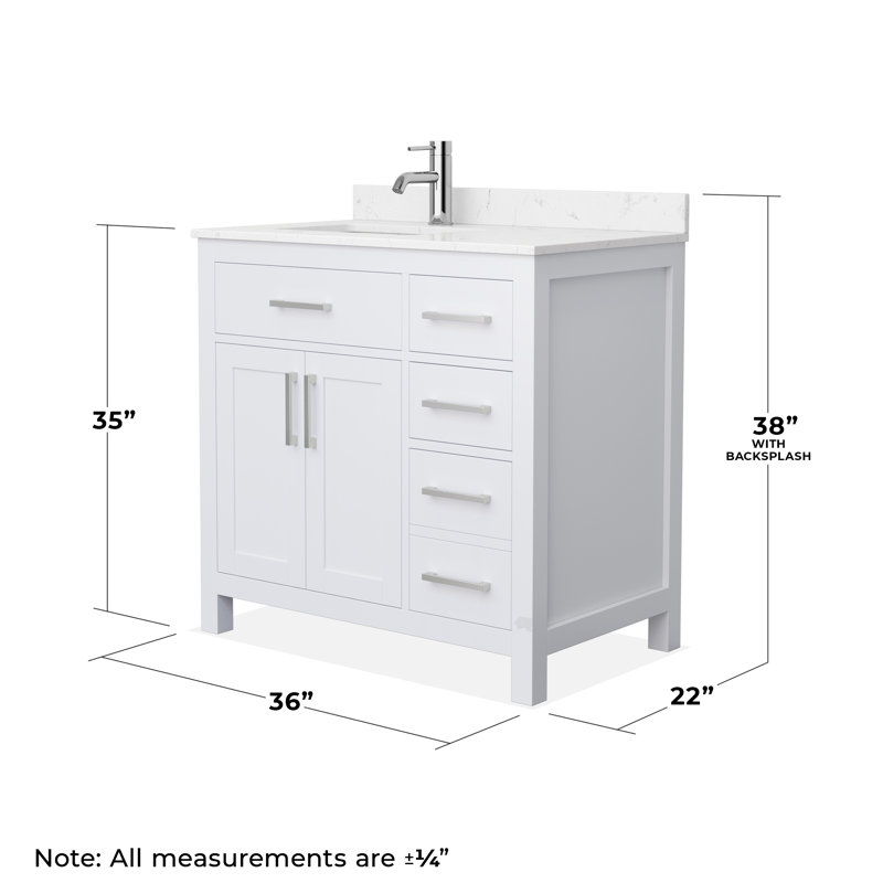 Beckett 36" Freestanding Single Bathroom Vanity with Cultured Marble Top, Carrara Cultured Marble, Brushed Nickel, White