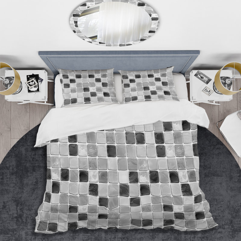 Carreaux de mosaïque gris II - ensemble de housse de couette moderne, Housse de couette pour grand lit et 2 taies décor