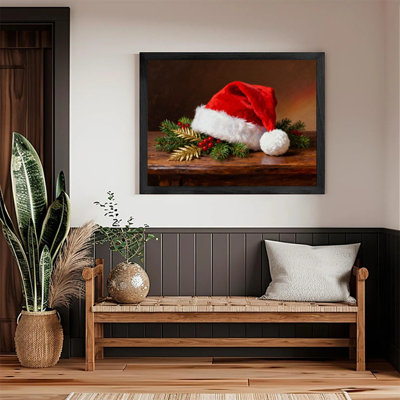 Reproduction d'art encadré noir, nature morte, chapeau de père Noël rétro
