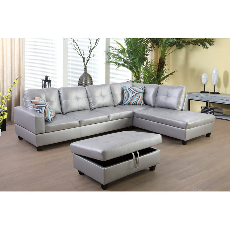 Brevard Faux Leather L-Shaped Sectional, Shiny Silver, Right Hand Facing
