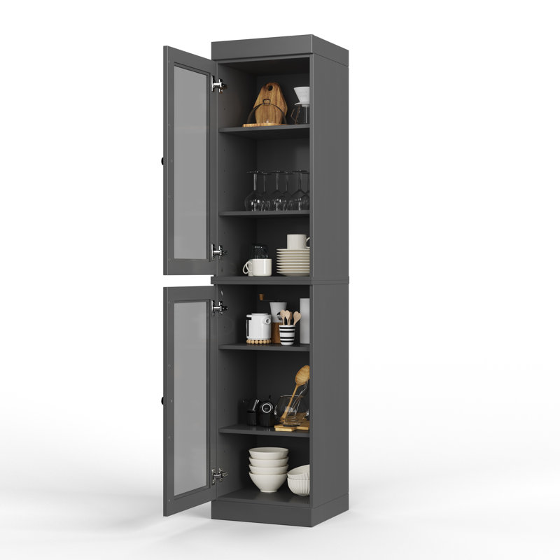 Garde-manger Jaylena 100% bois massif 16,5 po avec portes en verre transparent et tablettes réglables, Gris