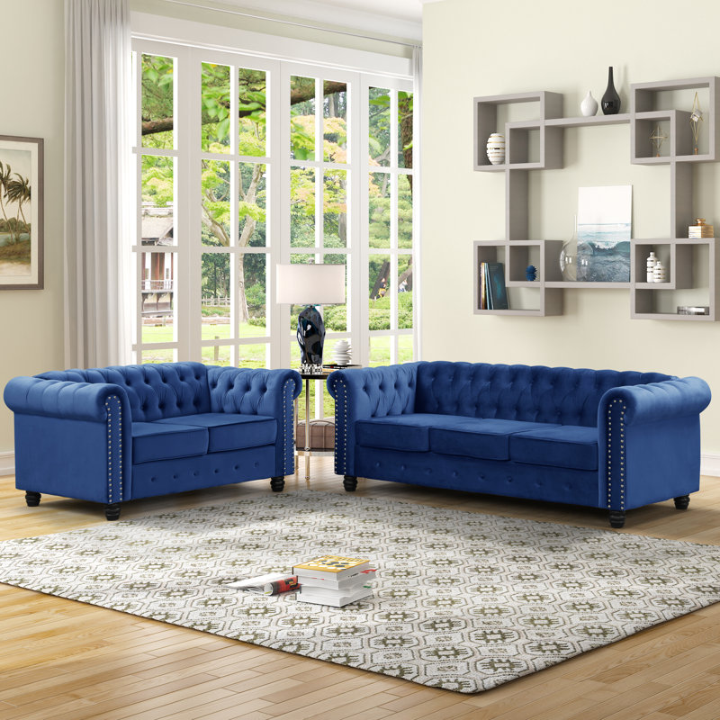 Ensemble de salon capitonné Perry Chesterfield, Velours bleu