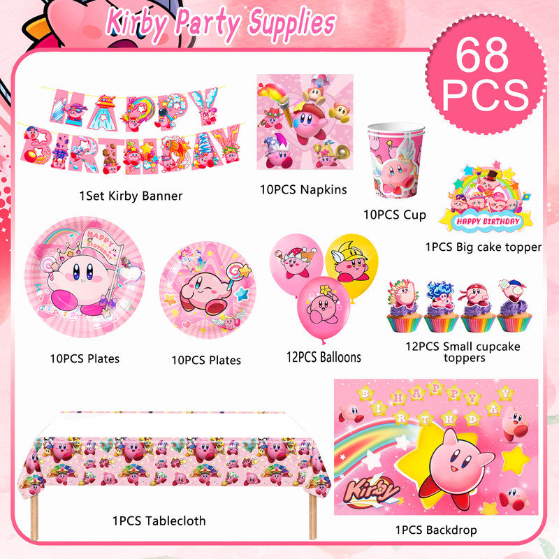 Kirby Party Supplies,68 Pcs Kirby Birthday Party Decorations and Kirby Tableware Set