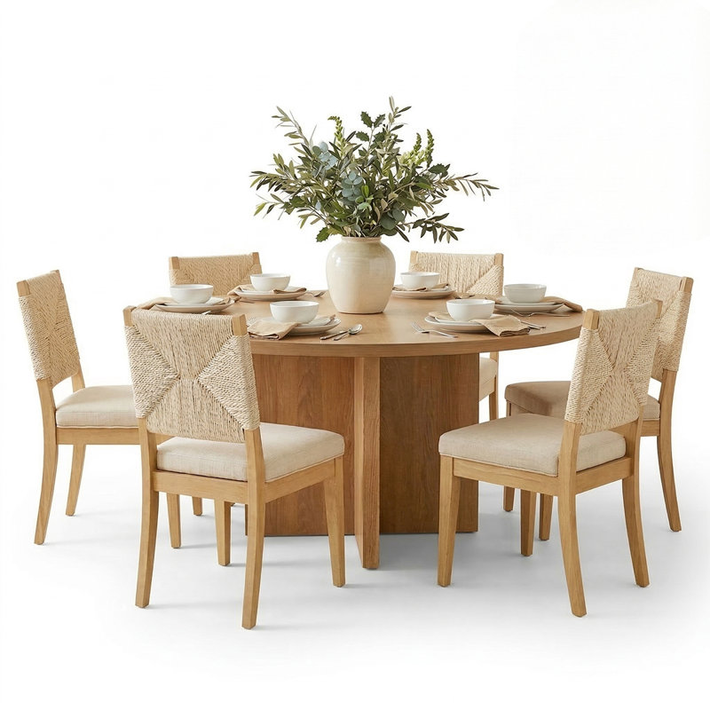 Ensemble de table et de chaises rondes de 60 pouces avec 6 chaises à dossier tressé